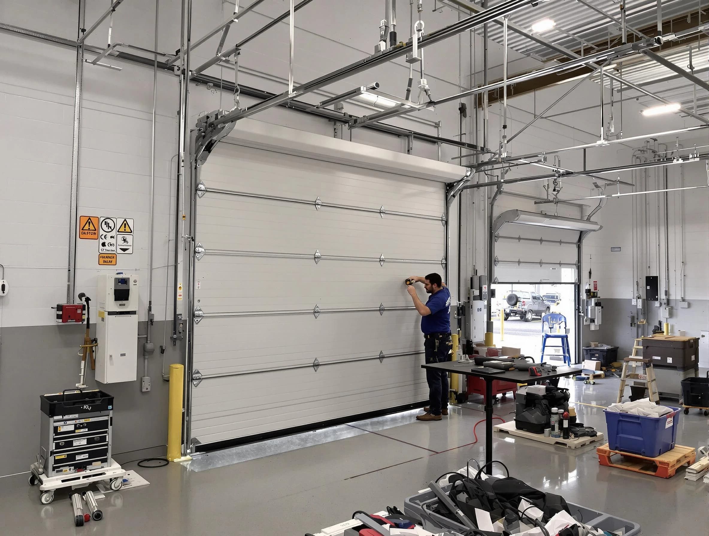 Commercial garage door repair being performed by East Point Garage Door Repair expert in East Point