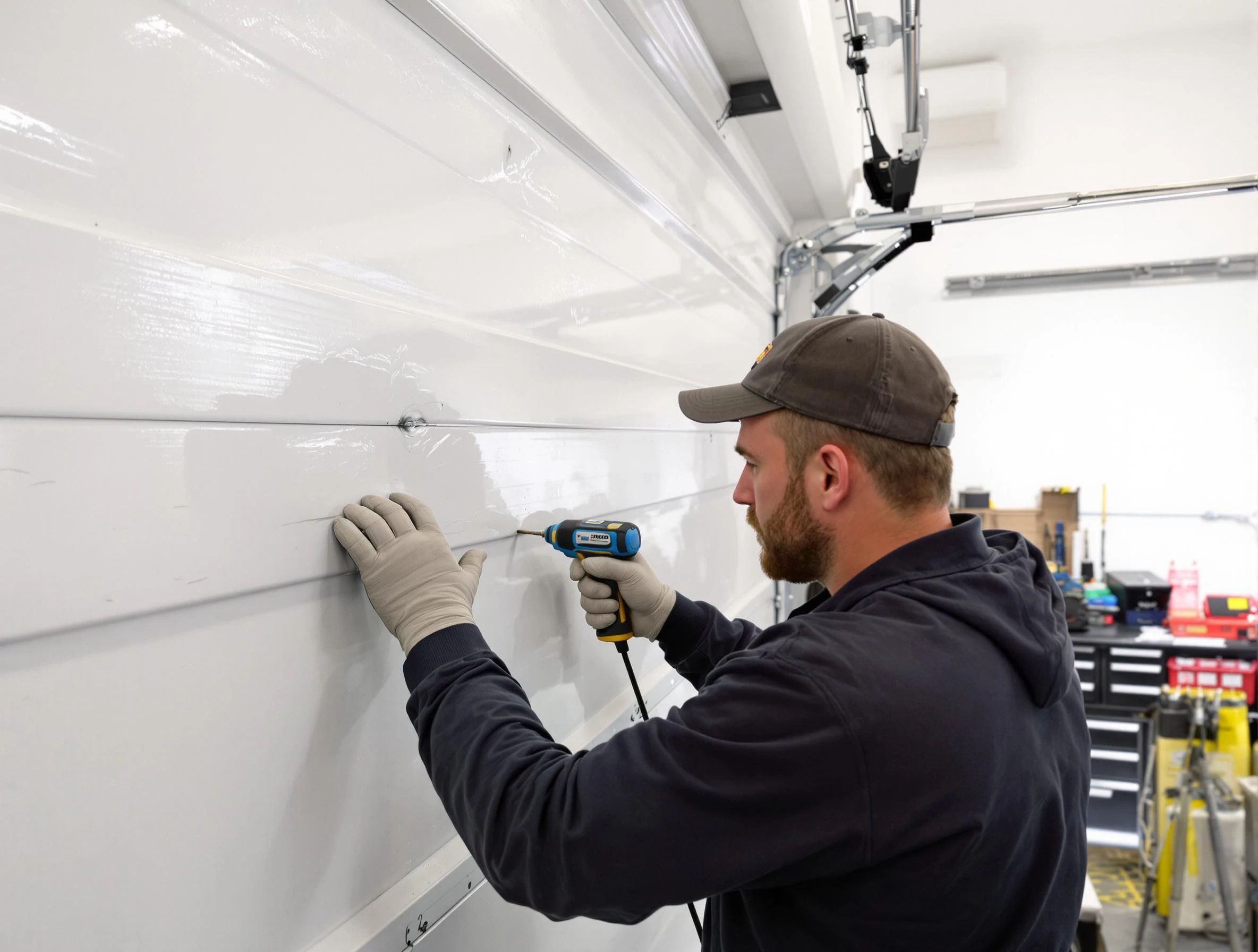 East Point Garage Door Repair technician demonstrating precision dent removal techniques on a East Point garage door